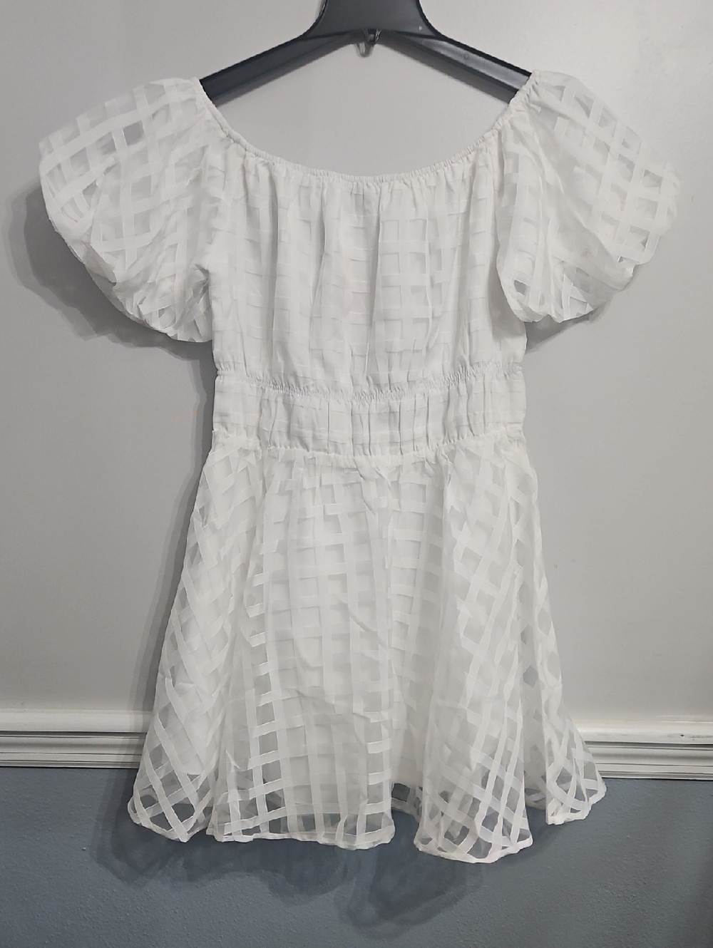 White Off-Shoulder Grid-Texture Midi Dress